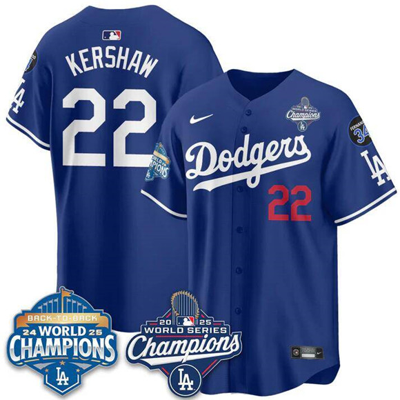 Men's Los Angeles Dodgers #22 Clayton Kershaw Royal 2025 World Series Champions & Back to Back Champions With No.34 Patch Limited Stitched Baseball Jersey Men's Los Angeles Dodgers #22 Clayton Kershaw Royal 2025 World Series Champions & Back to Back Champions With No.34 Patch Limited Stitched Baseball Jersey